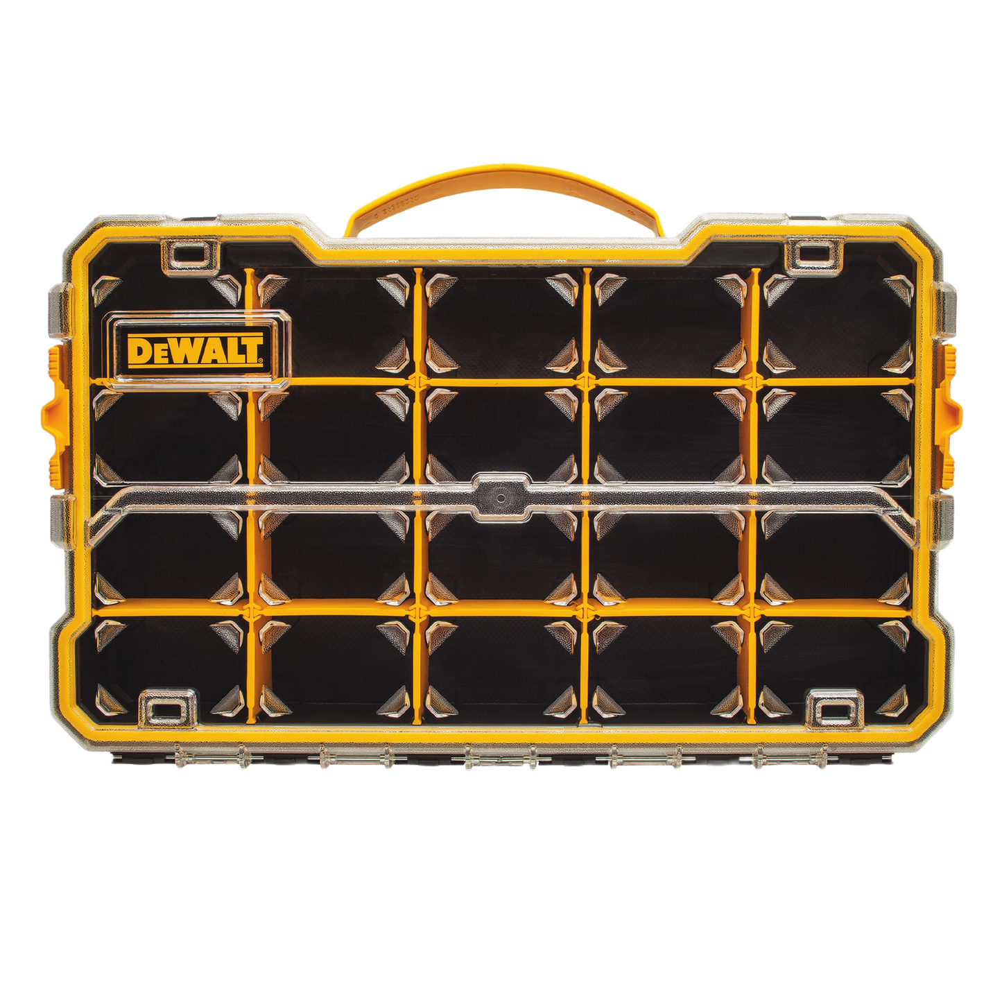 Yellow and black 20-compartment organizer with clear lid and customizable dividers for tool storage and workshop organization