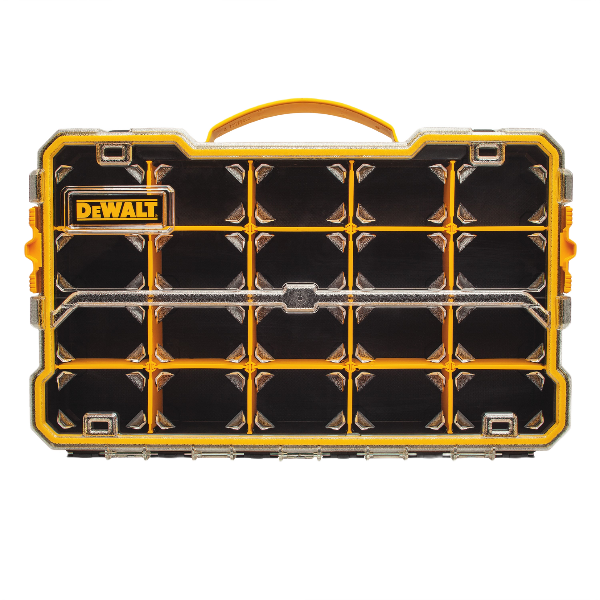 Yellow and black 20-compartment organizer with clear lid and customizable dividers for tool storage and workshop organization