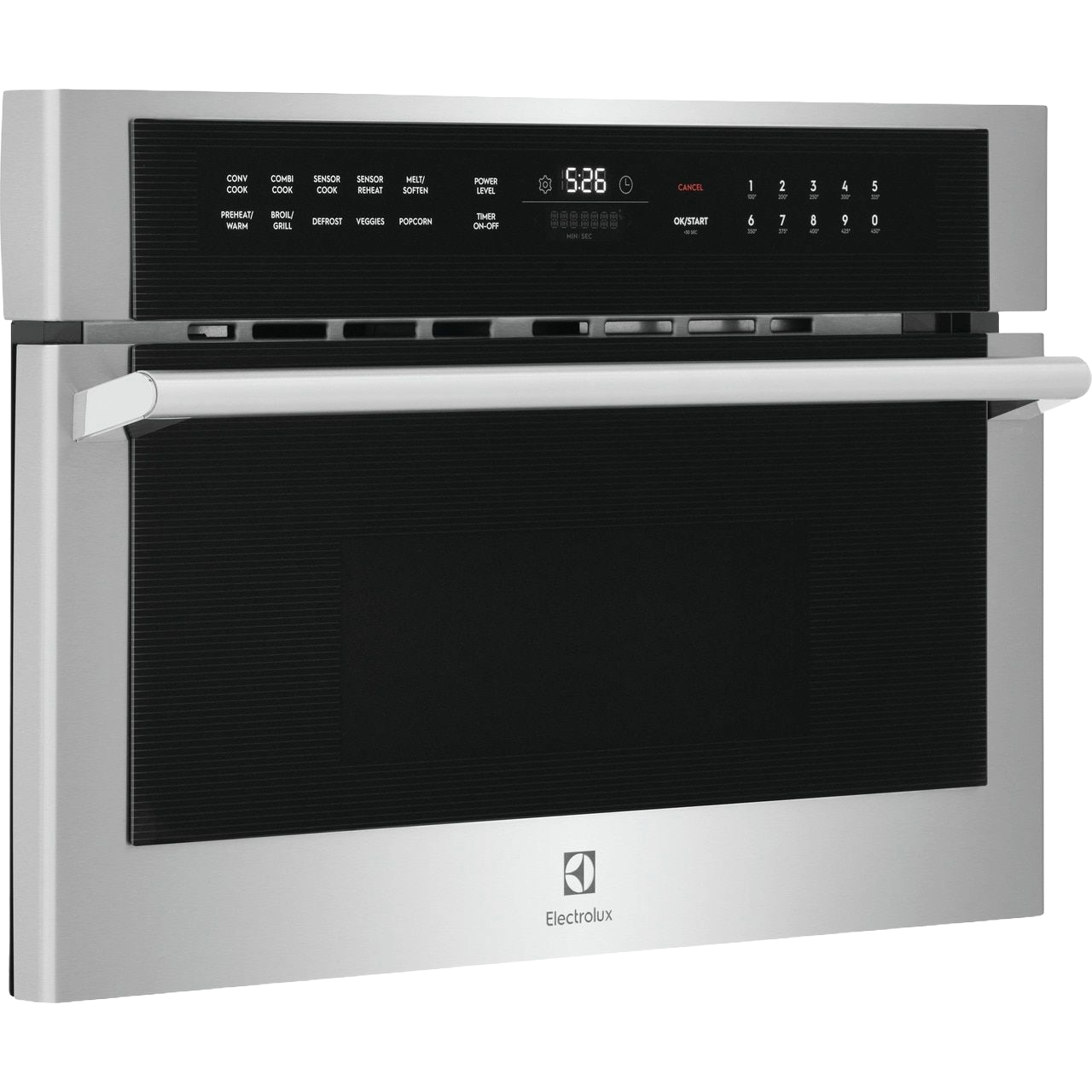Built-in stainless steel microwave with drop-down door and digital touch controls in modern kitchen setting
