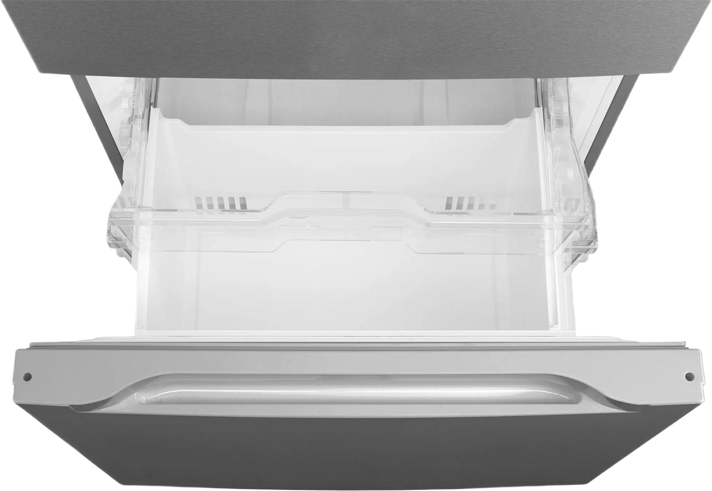 Open bottom freezer drawer in stainless steel refrigerator showing clear plastic crisper compartment for kitchen and appliance collections.