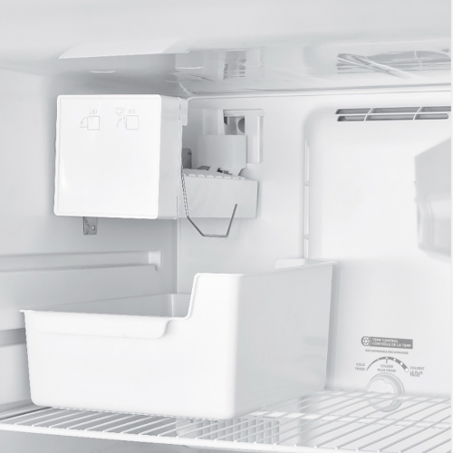 White interior view of top mount refrigerator ice maker and removable storage bin from kitchen appliances collection