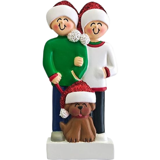 Personalized couple figurine with brown dog in red Santa hats, festive Christmas ornament under 50 dollars