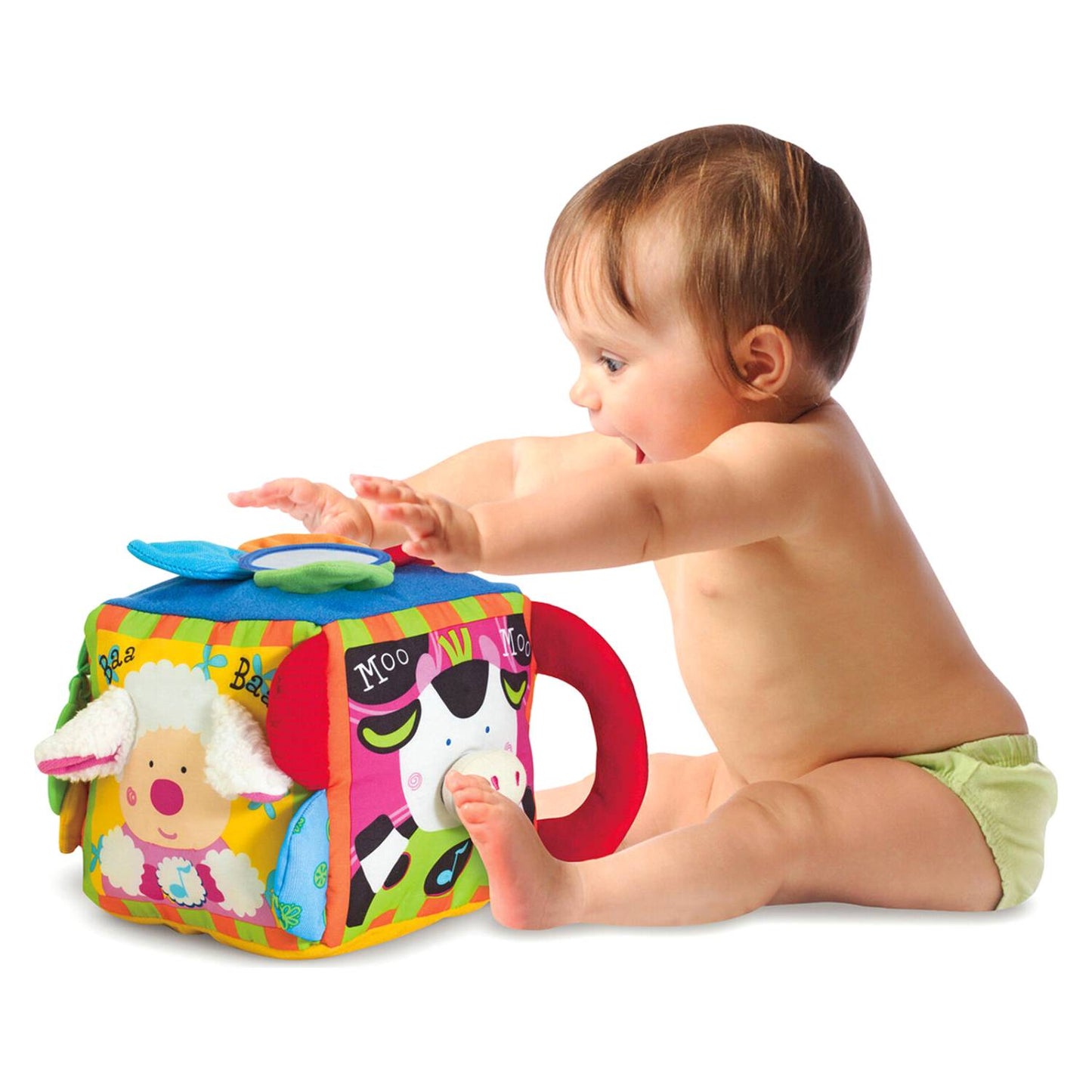 Baby reaching for colorful musical farm animal cube toy in Children's and Under $50 collections