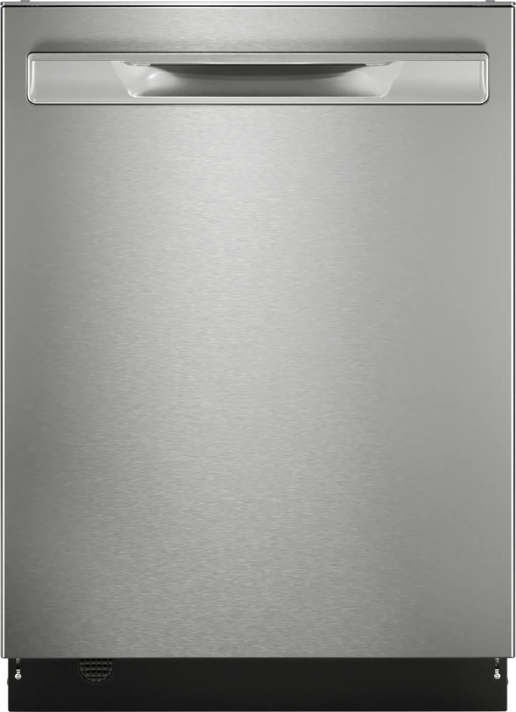 Stainless steel front panel of a 24-inch built-in dishwasher with recessed handle for kitchen appliances collection