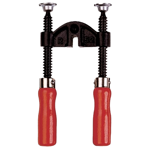 Red-handled edge clamp with dual threaded screws and black metal frame for woodworking and home improvement tasks