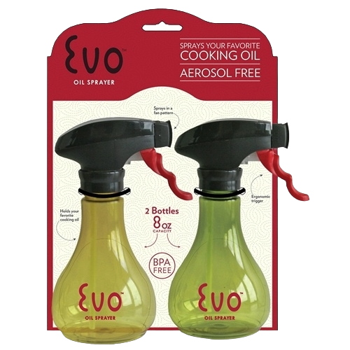 Two BPA-free kitchen oil sprayer bottles with ergonomic triggers in yellow and green hues for food storage and organization.