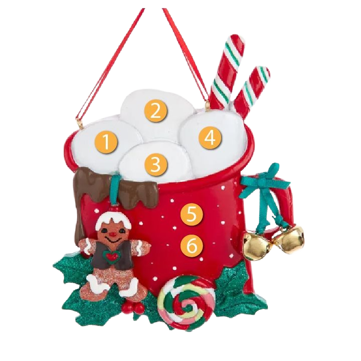 Red mug ornament with marshmallows, candy canes, gingerbread figure, holly leaves, and festive bells decoration