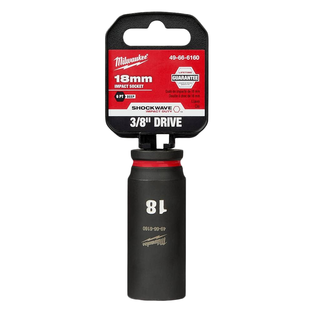 18mm deep 6-point impact socket with 3/8" drive for high torque applications in hand and woodworking tools collections
