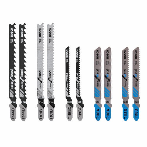 Set of Bosch T-shank jigsaw blades in various tooth patterns for wood and metal cutting, part of woodworking tool accessories