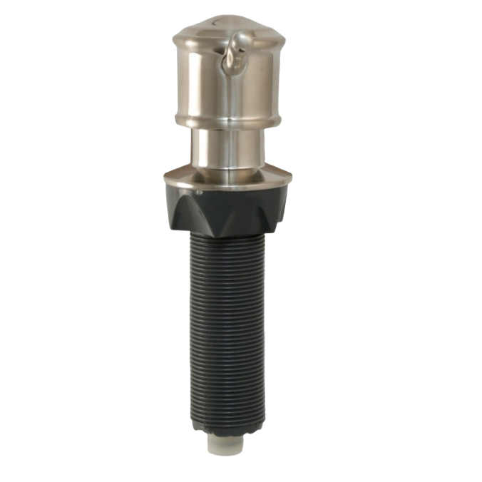 Brushed nickel soap dispenser with curved spout and extended black threaded base for plumbing parts and home improvement