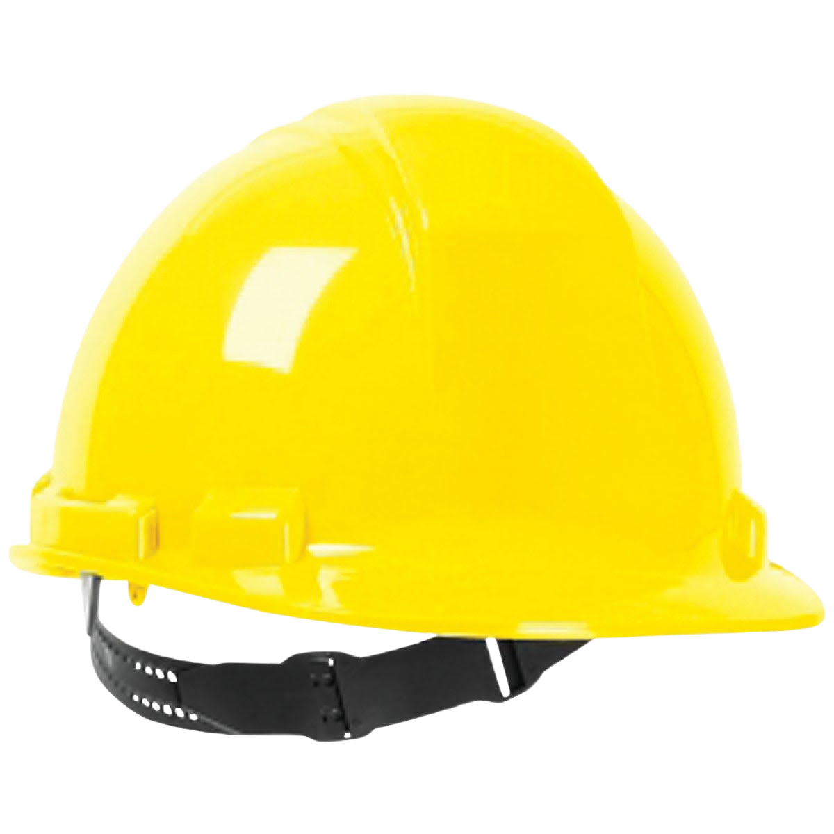 Bright yellow hard hat with adjustable pinlock suspension and four-point nylon fabric straps for comfortable protection in safety and hardware tasks.