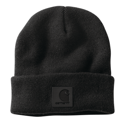 Black rib knit beanie with a tonal leather patch, designed for warmth and comfort in men's clothing and accessories collections.