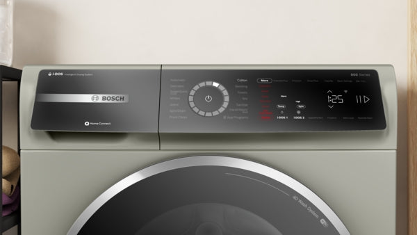 Control panel close-up of Bosch 800 Series compact front load washer in pearl steel finish from washers collection