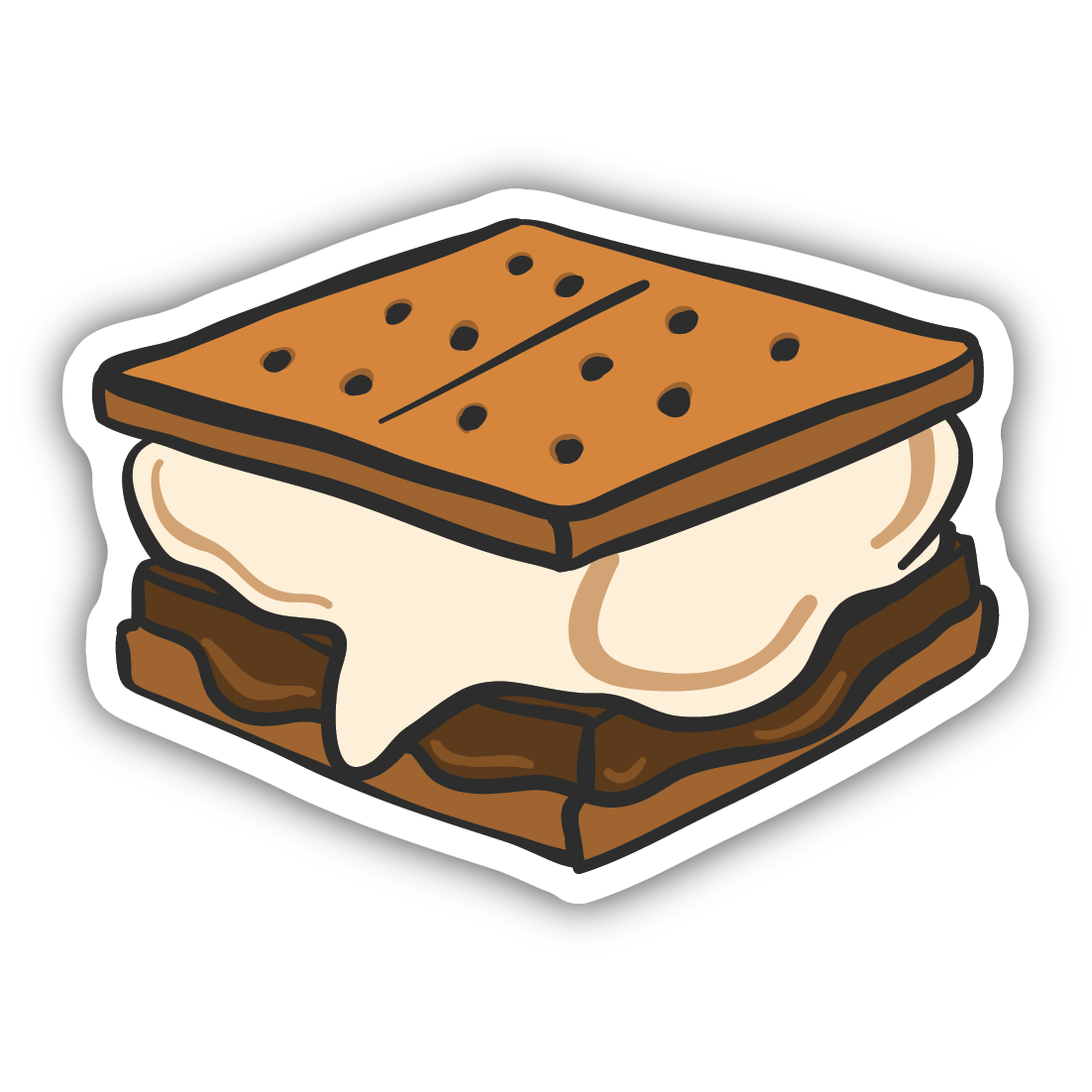 Illustrated s'mores sticker with chocolate, marshmallow, and graham cracker for kitchenware and dorm organization collections under $25