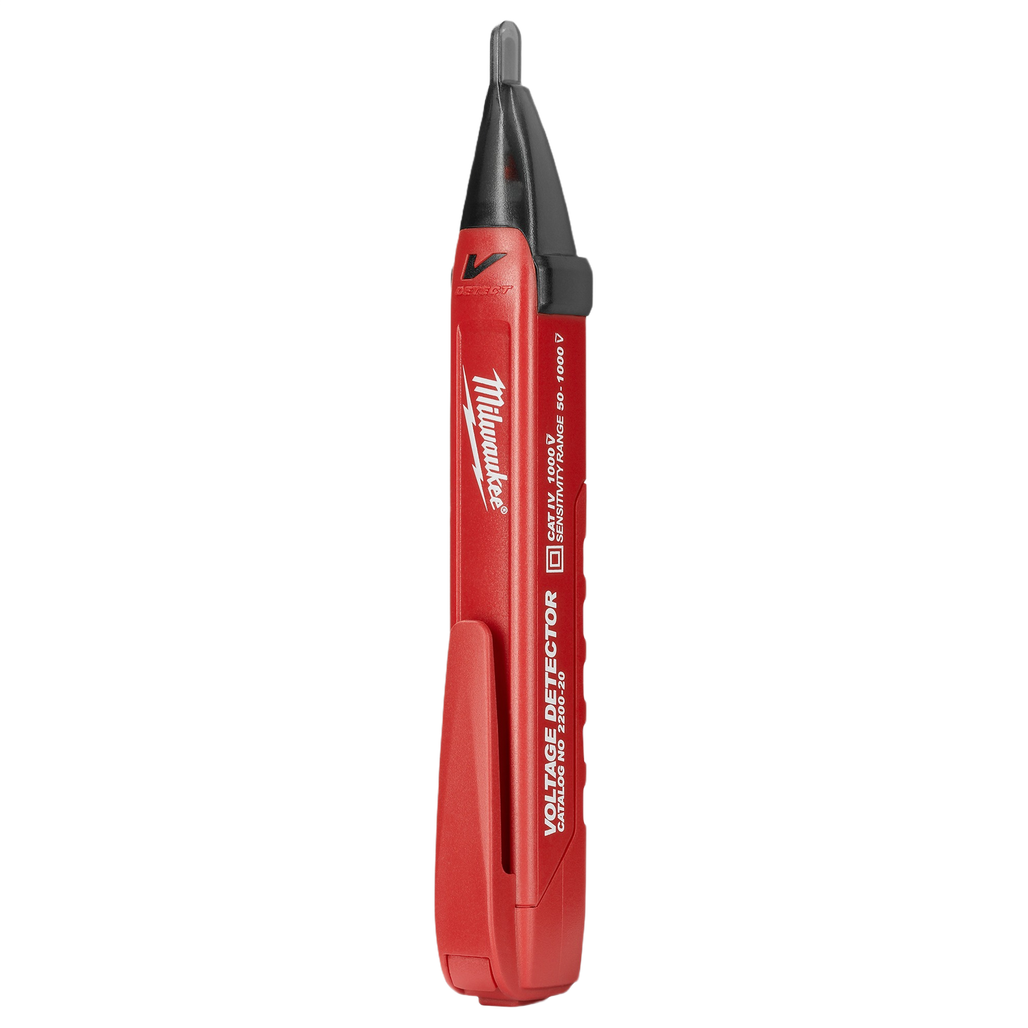 Compact red handheld voltage detector with pocket clip for electrical testing in tools and home improvement projects