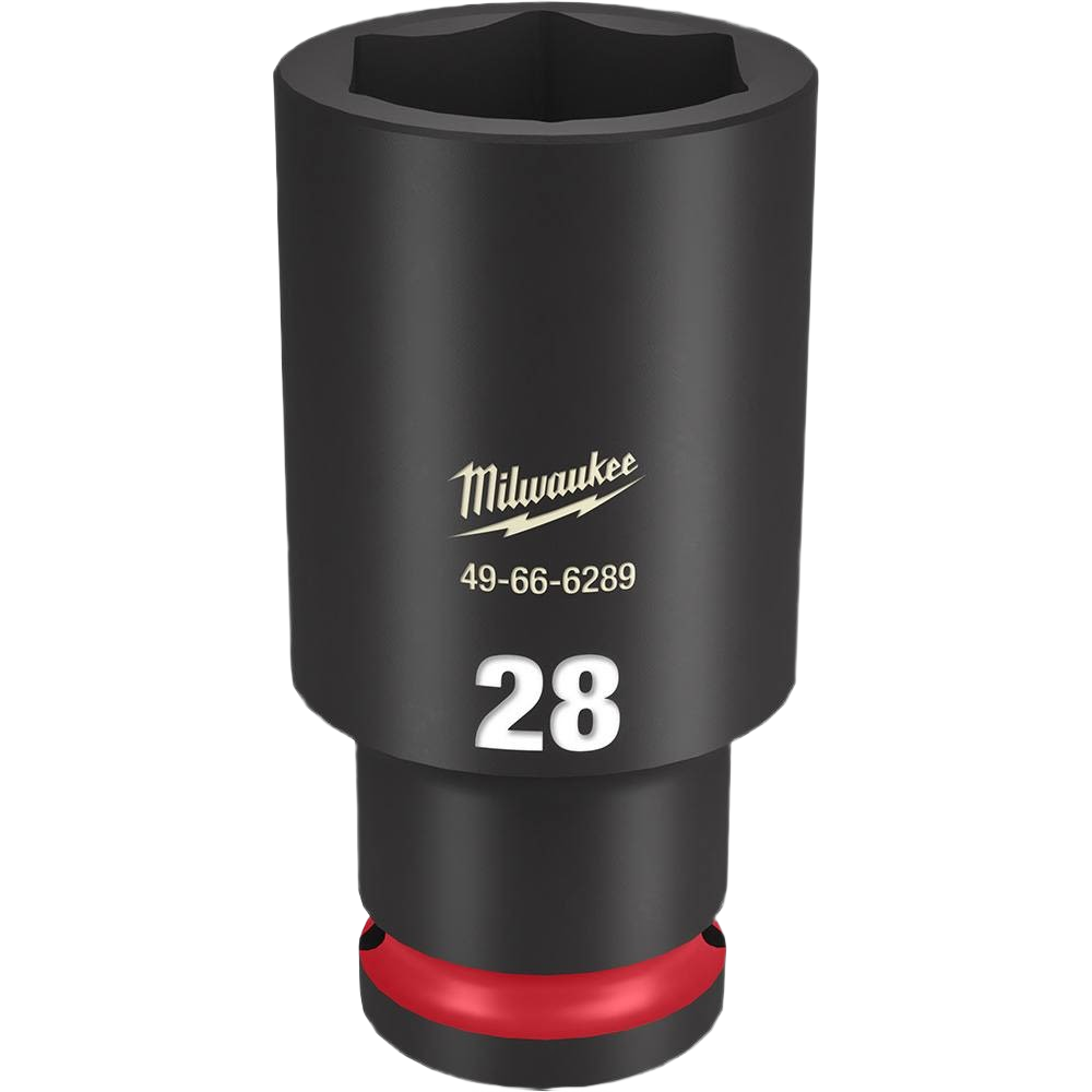 Black 28mm forged steel deep socket with non-slip 6 point design for high torque impact duty applications