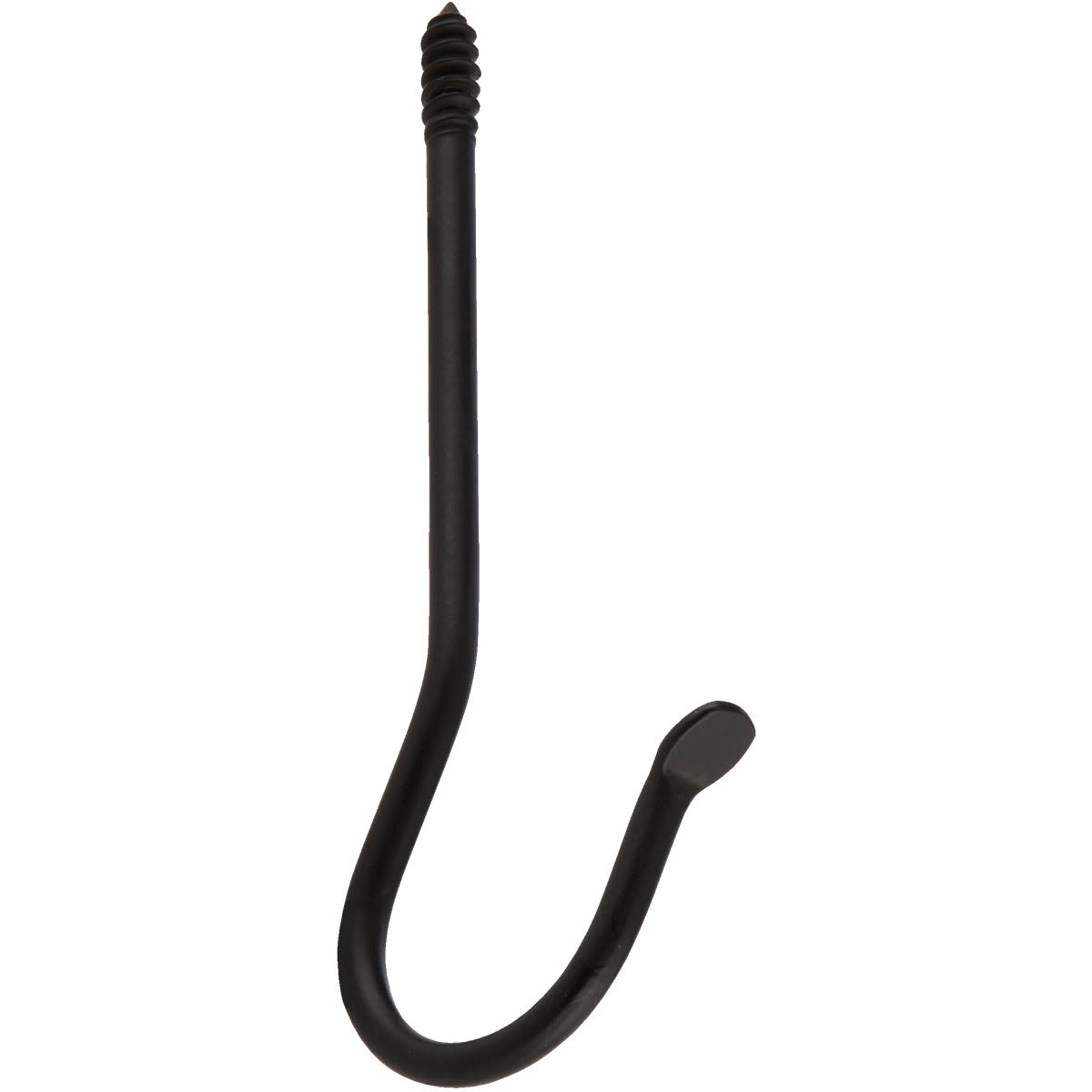 Black powder-coated wrought iron J-hook plant hanger with screw end for secure wall or ceiling mounting
