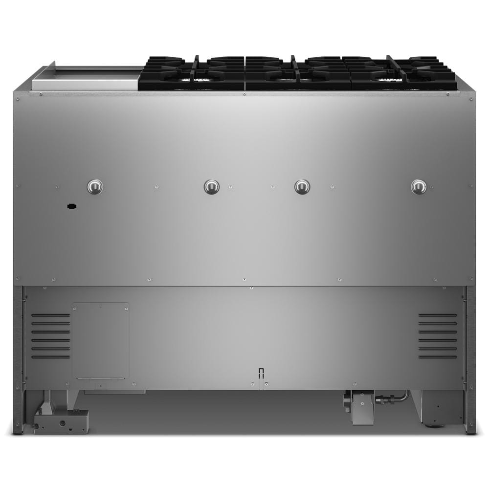 Stainless steel 48-inch dual fuel range with six burners and built-in electric griddle for kitchen appliances
