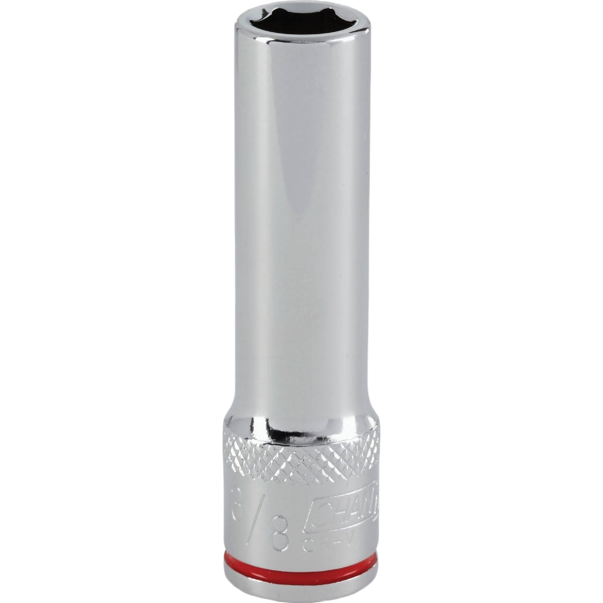 Chrome-finished deep socket with 6-point design, textured grip band, suitable for hand tools and woodworking tasks under $50.