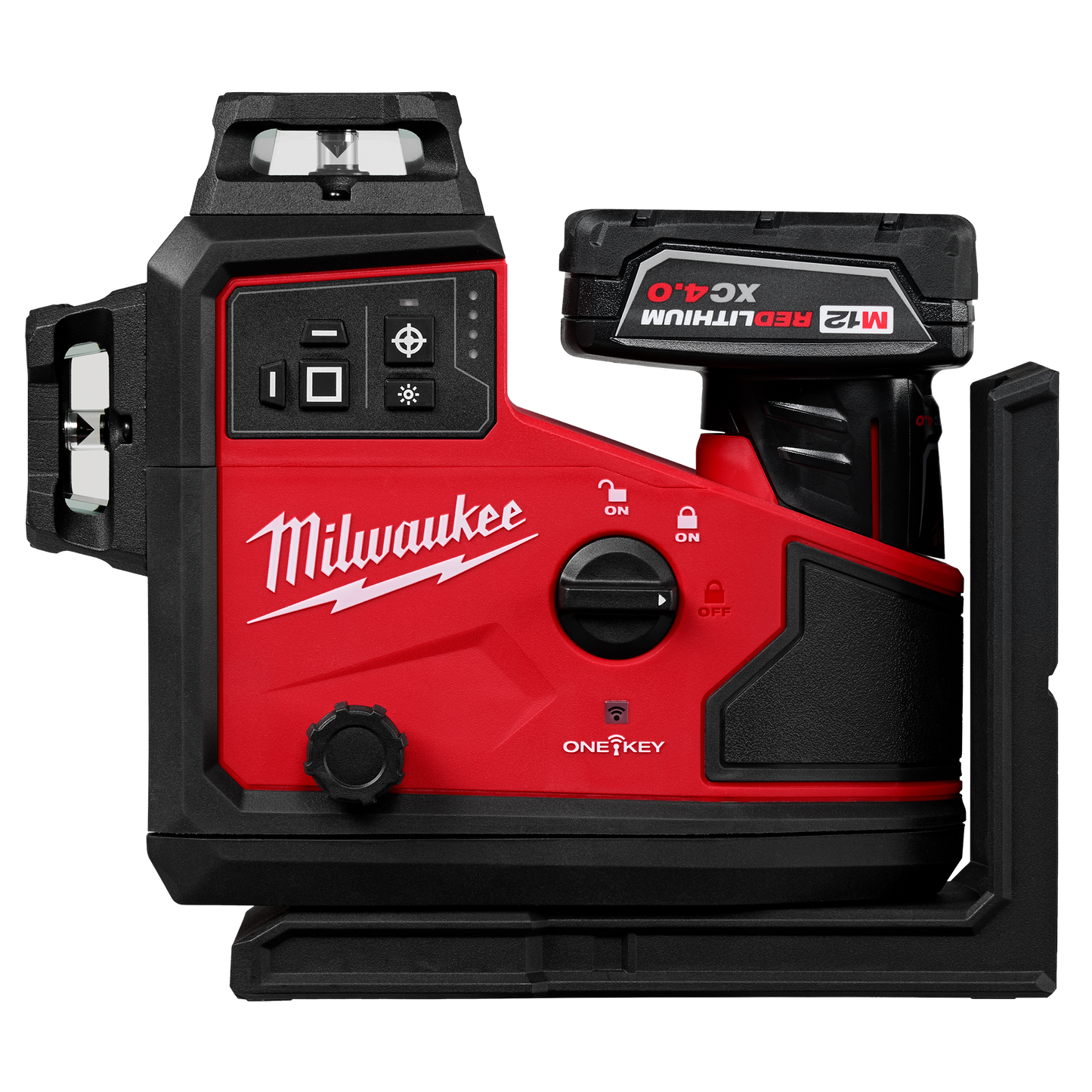 Red and black Milwaukee laser level with 360-degree 3-plane green laser and automatic alignment for home improvement tools