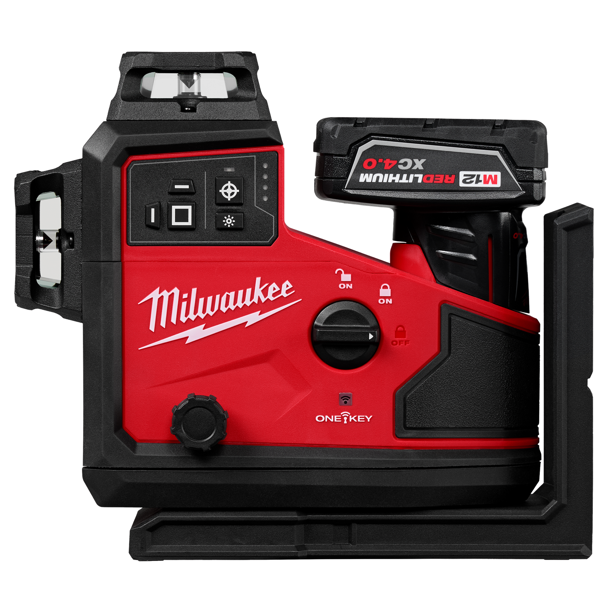 Red and black Milwaukee laser level with 360-degree 3-plane green laser and automatic alignment for home improvement tools