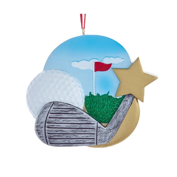 Golf-themed Christmas ornament featuring a golf ball, club, green, flag, and star in festive decoration style