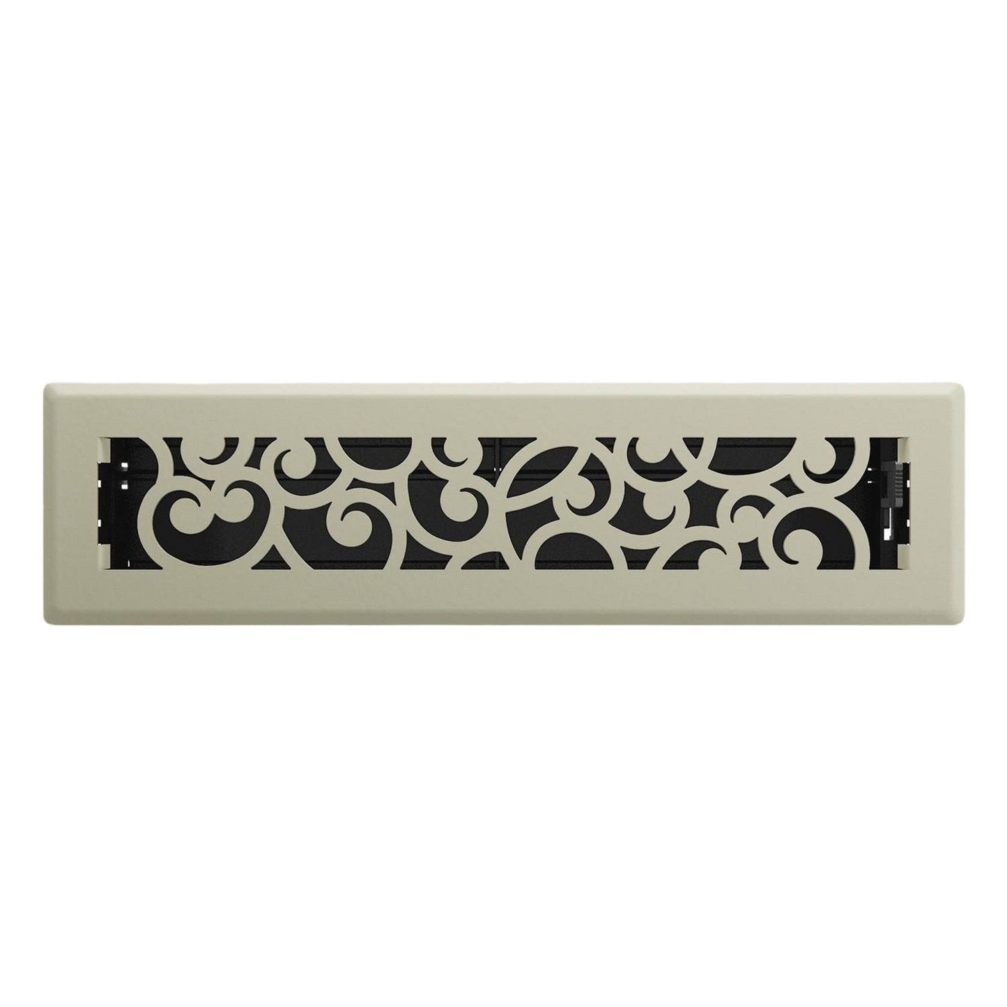 Satin nickel floor register with decorative scroll pattern, durable steel faceplate, and adjustable damper for home improvement.