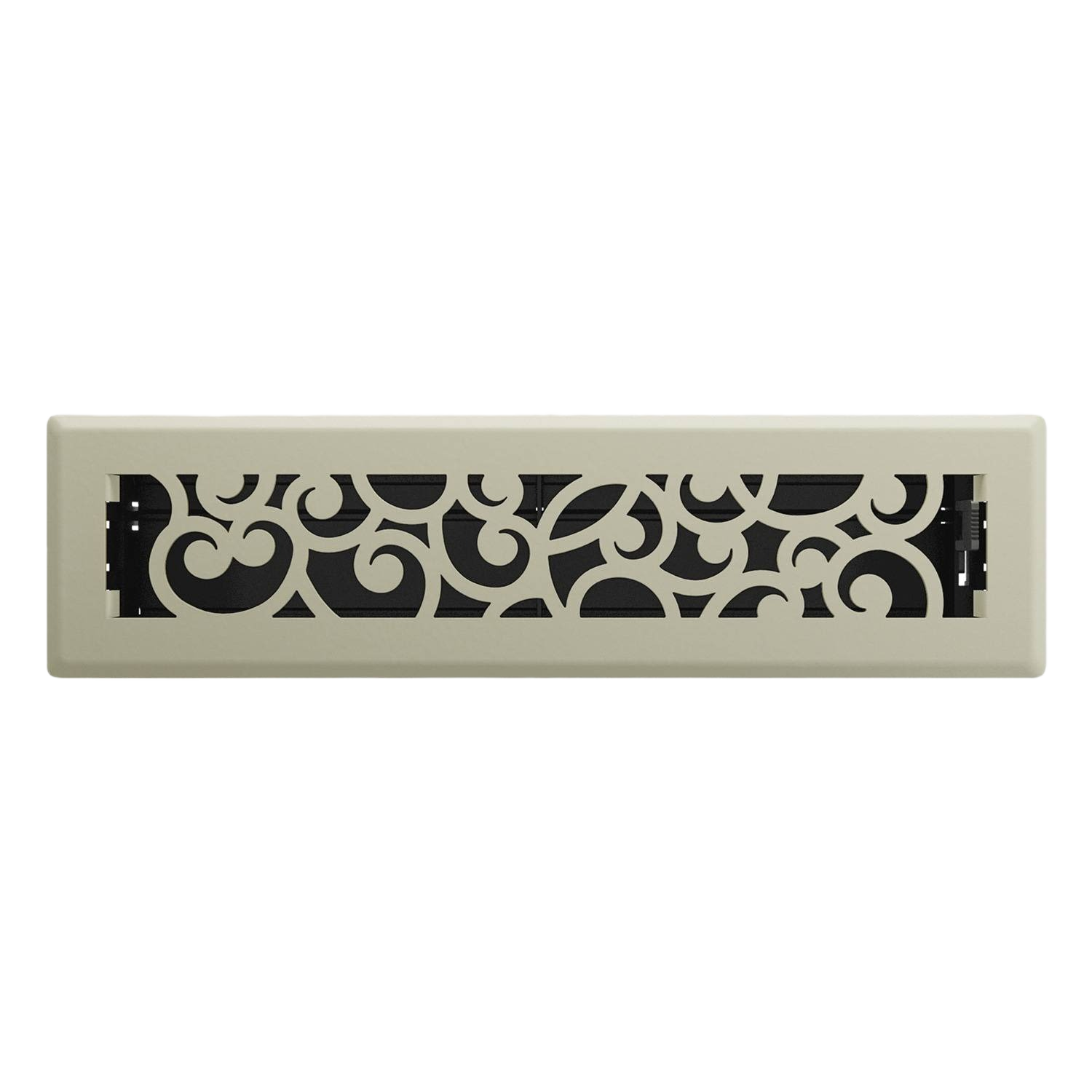 Satin nickel floor register with decorative scroll pattern, durable steel faceplate, and adjustable damper for home improvement.