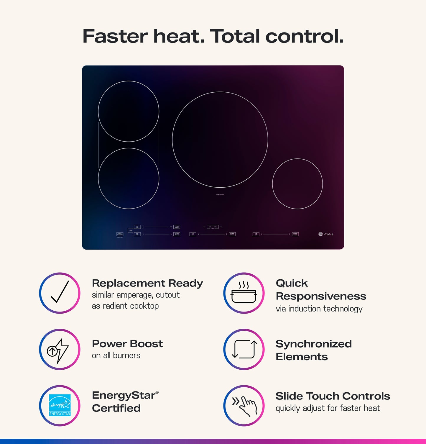 Black built-in induction cooktop with four cooking zones and slide touch controls for precise heat management