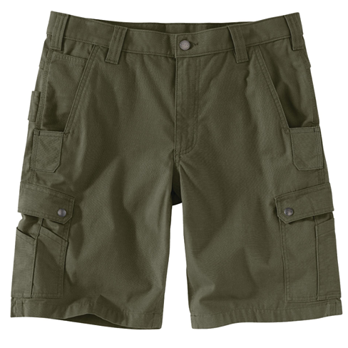 Men's olive green ripstop cargo shorts with multiple pockets and relaxed fit for work and outdoor use