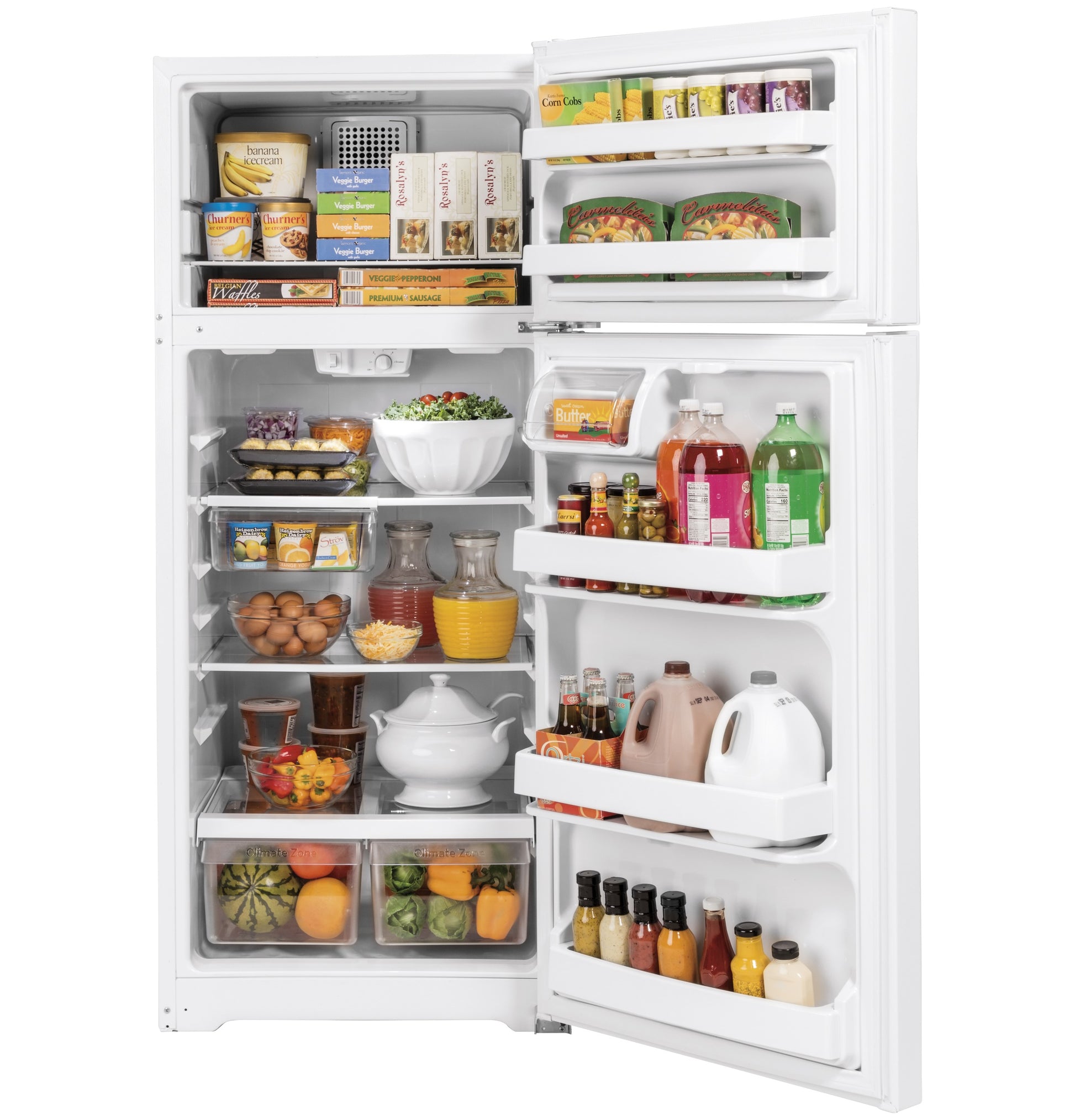 Open white top-freezer refrigerator filled with organized groceries from home improvement kitchen appliances collection