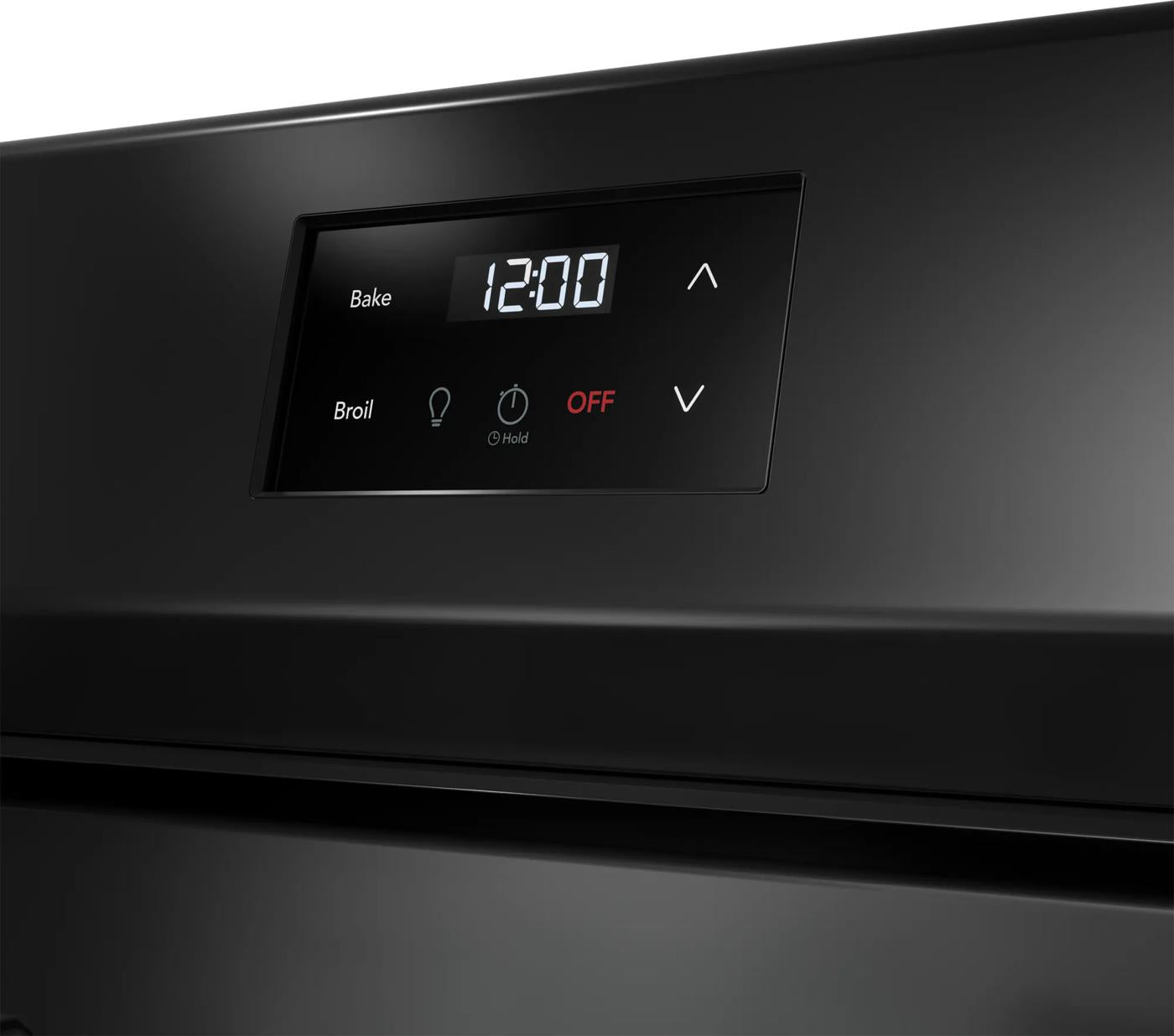 Digital control panel on black gas range showing time and bake, broil, and power options in Ranges collection