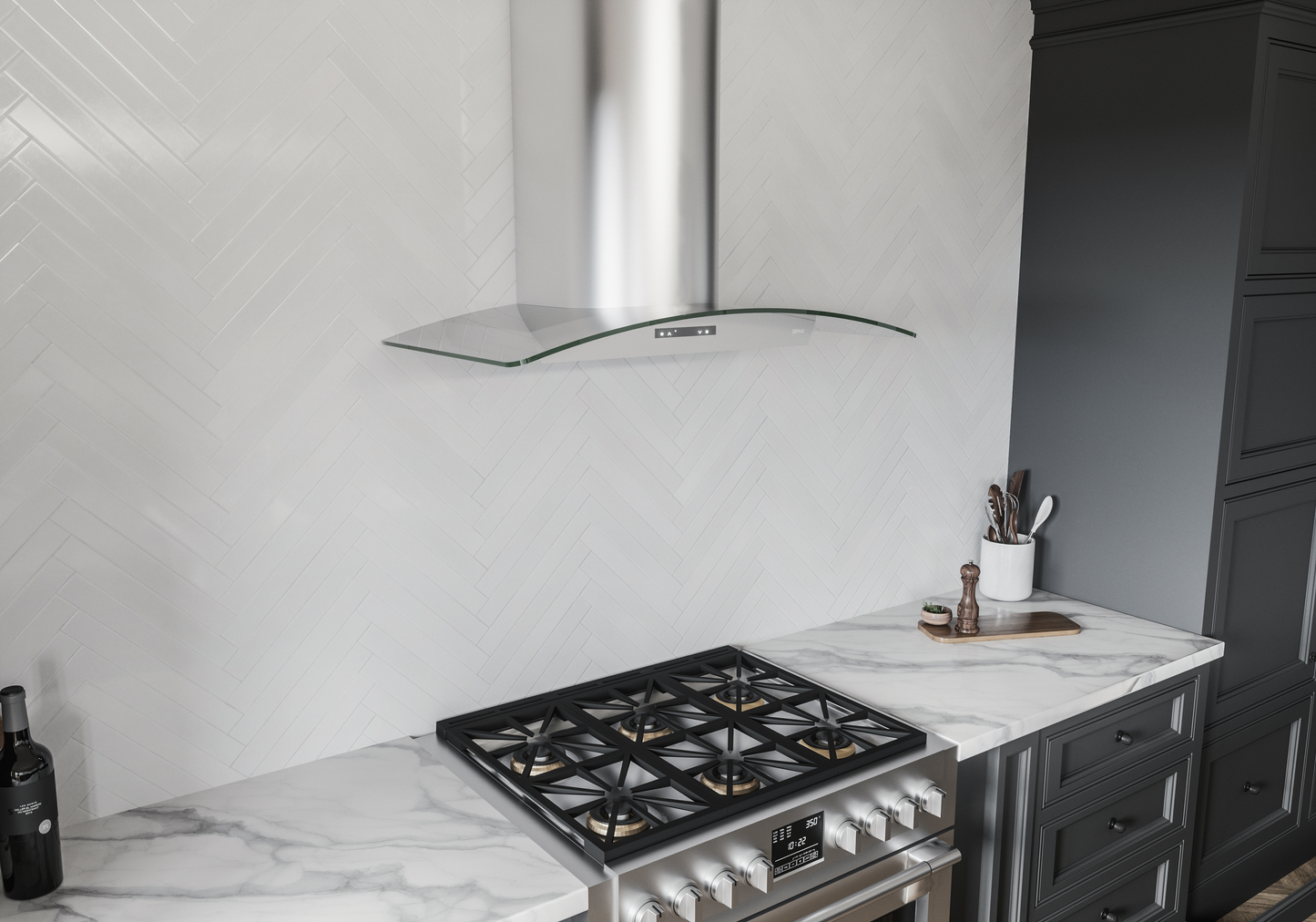Modern stainless steel chimney hood with curved glass canopy above gas cooktop in kitchen and appliances setting