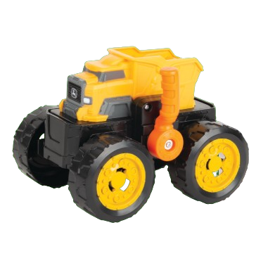 Yellow and black toy truck with large wheels and orange flipper mechanism for children's playtime fun