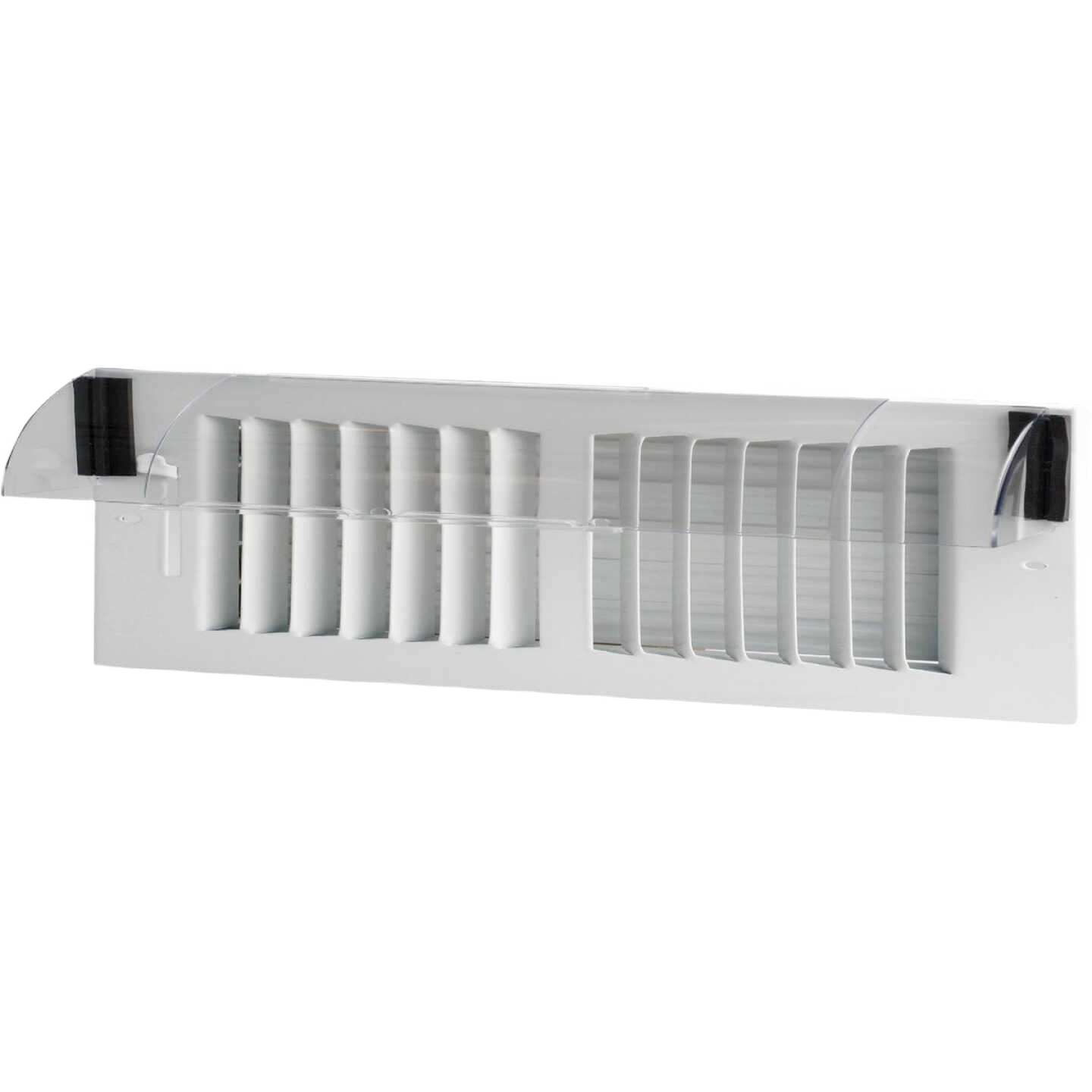 Clear plastic air deflector attached to white vent cover for improved heating and cooling distribution in home improvement tools collection