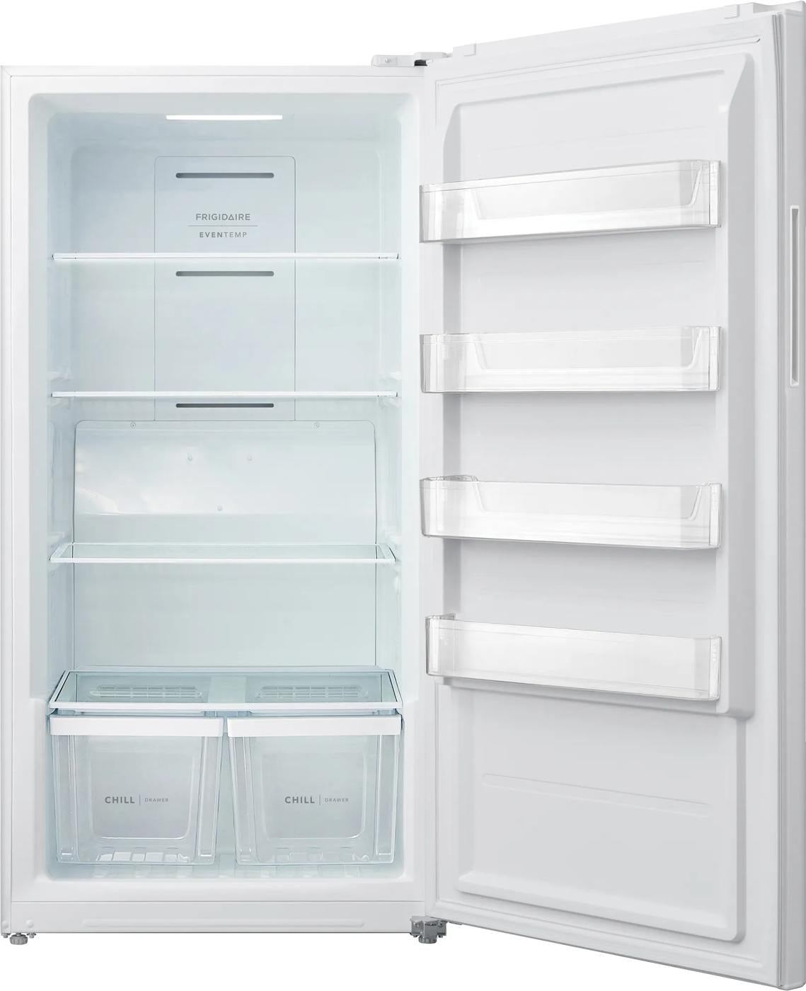 Open white upright freezer with adjustable glass shelves, clear door bins, and two bottom chill drawers, ideal for Freezers & Ice Makers and Kitchen & Kitchenware collections.