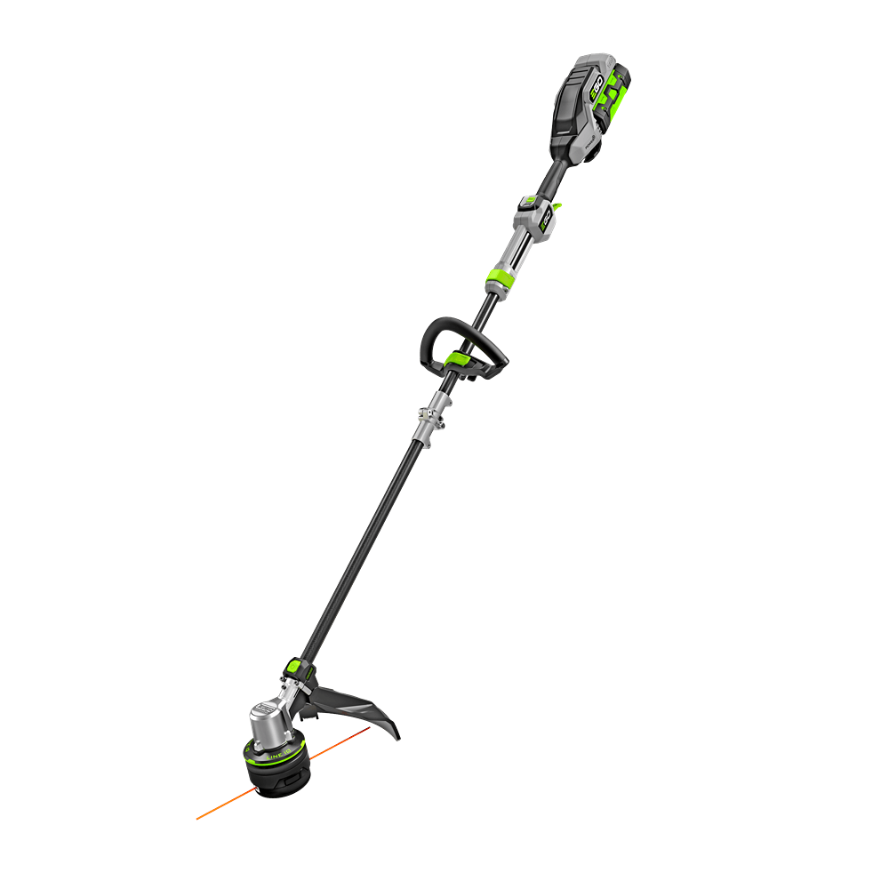 Cordless string trimmer with green and black design, featuring adjustable handle and line cutting head for home improvement tasks