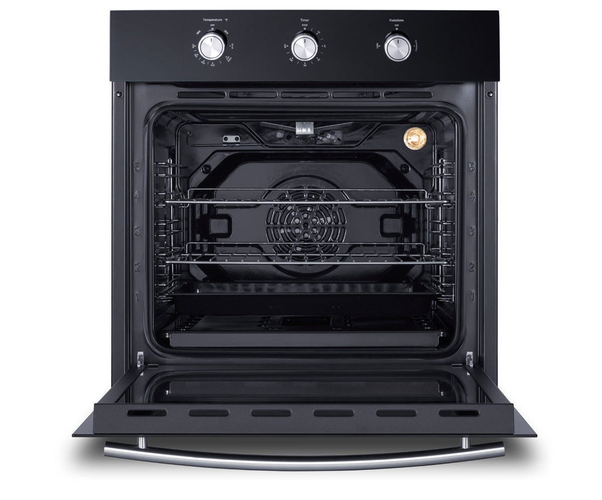Jet black 24 inch gas wall oven open door showing interior racks and control knobs from kitchen appliances collection