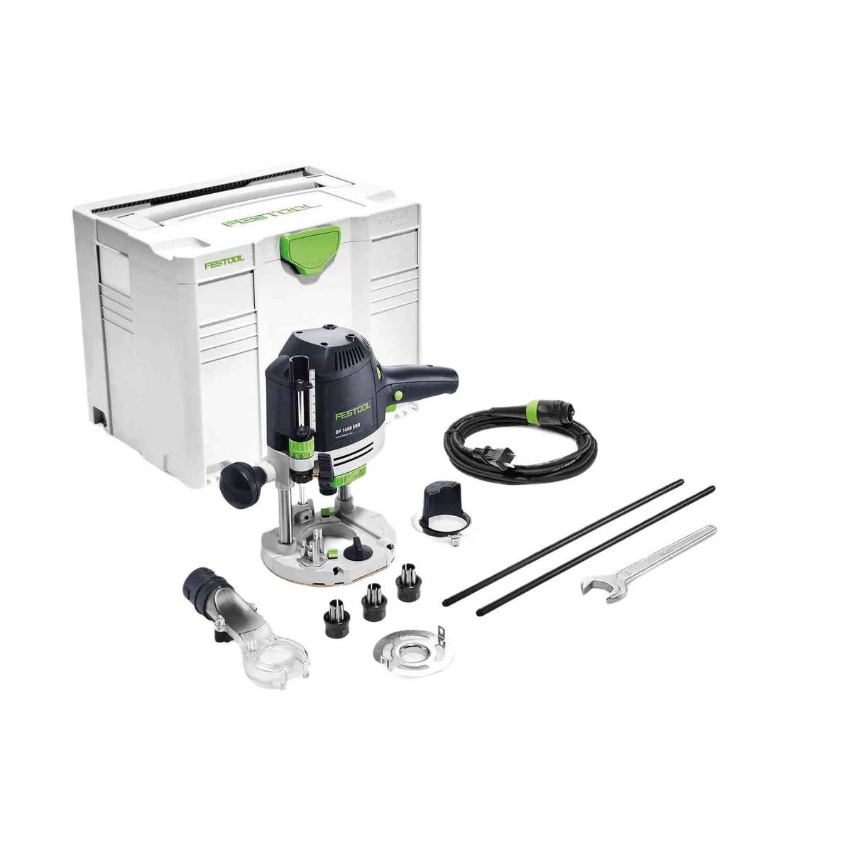 Compact Festool router kit with multiple accessories and storage case for precision woodworking and home improvement tasks