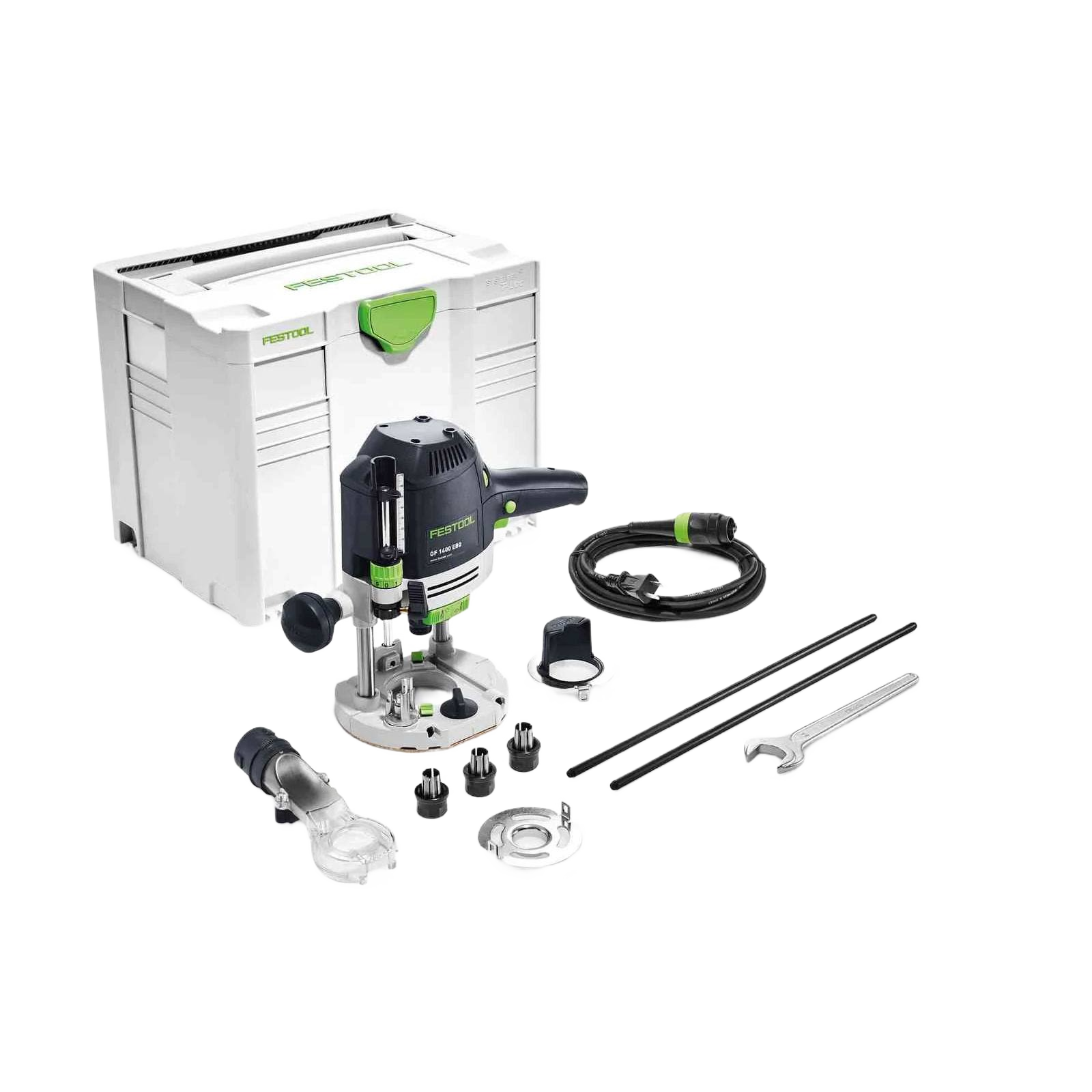 Compact Festool router kit with multiple accessories and storage case for precision woodworking and home improvement tasks