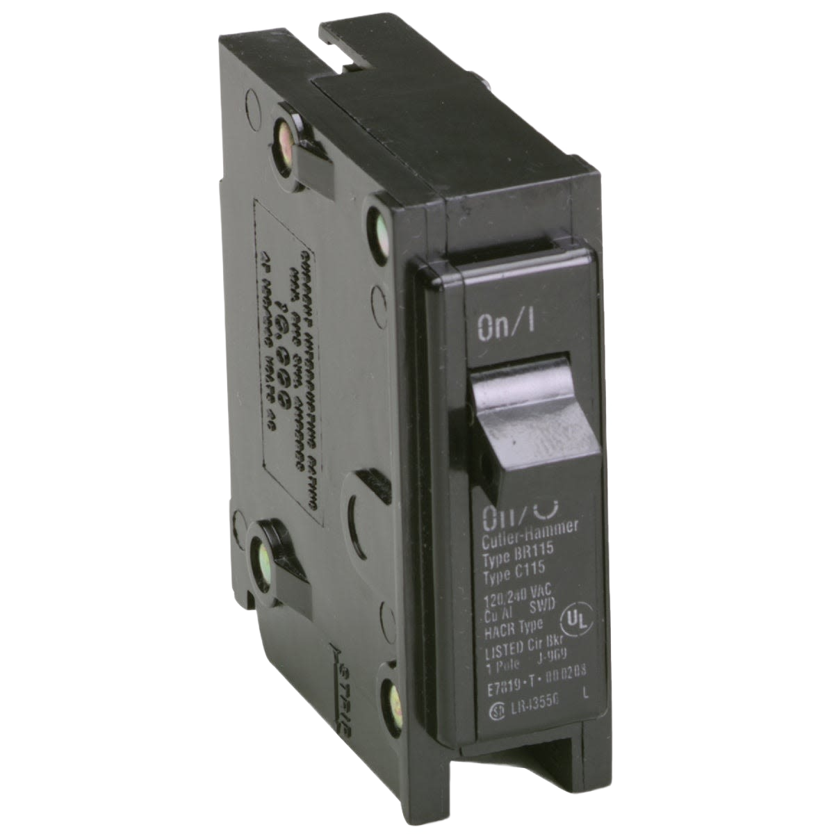 Black single-pole circuit breaker switch for home electrical panel with On/Off toggle in tools and home improvement use