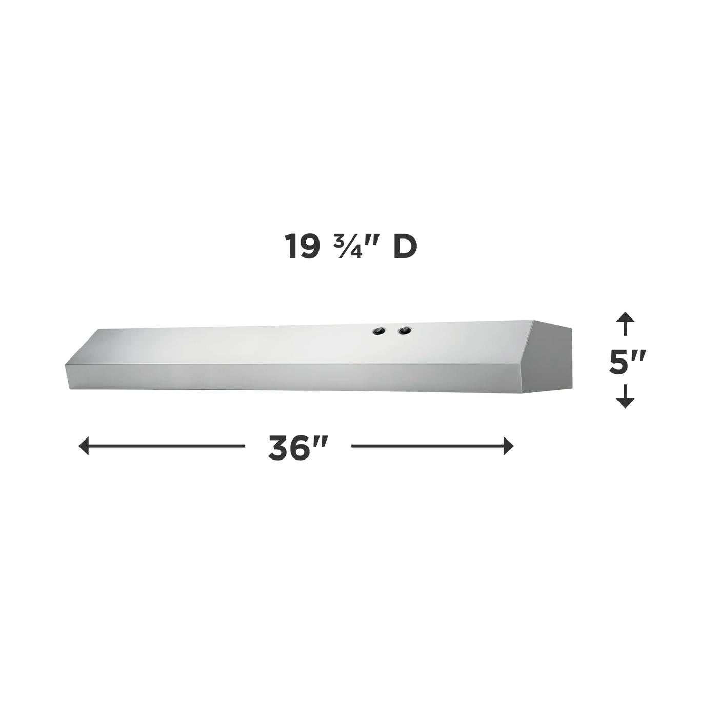 Stainless steel 36-inch undercabinet ventilation hood with filter indicator and LED lighting in kitchen appliances collection