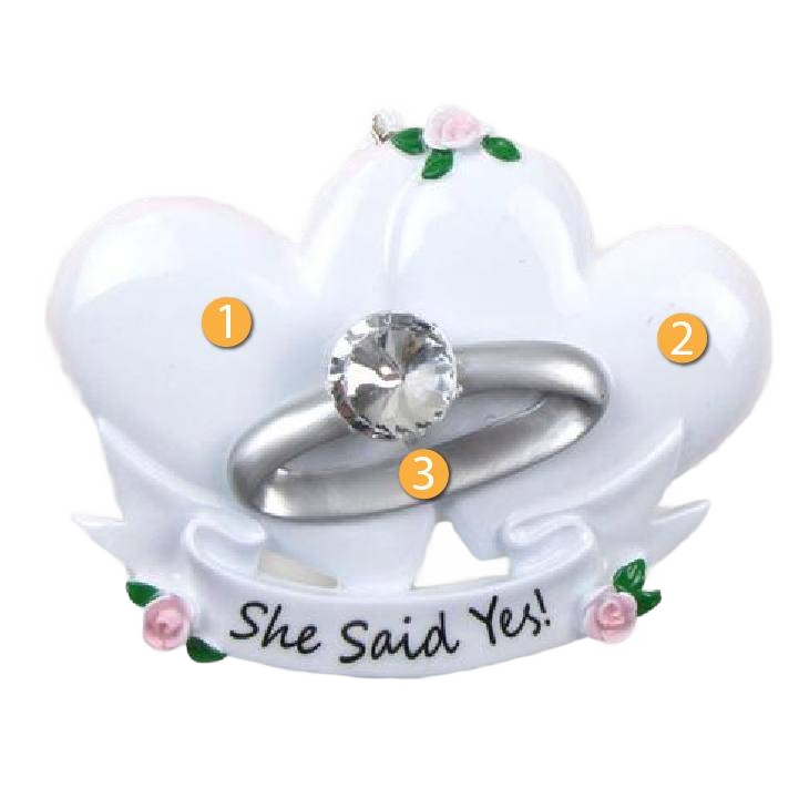 White heart-shaped ornament with silver engagement ring and pink rose accents for Christmas tree decorations under 50 dollars