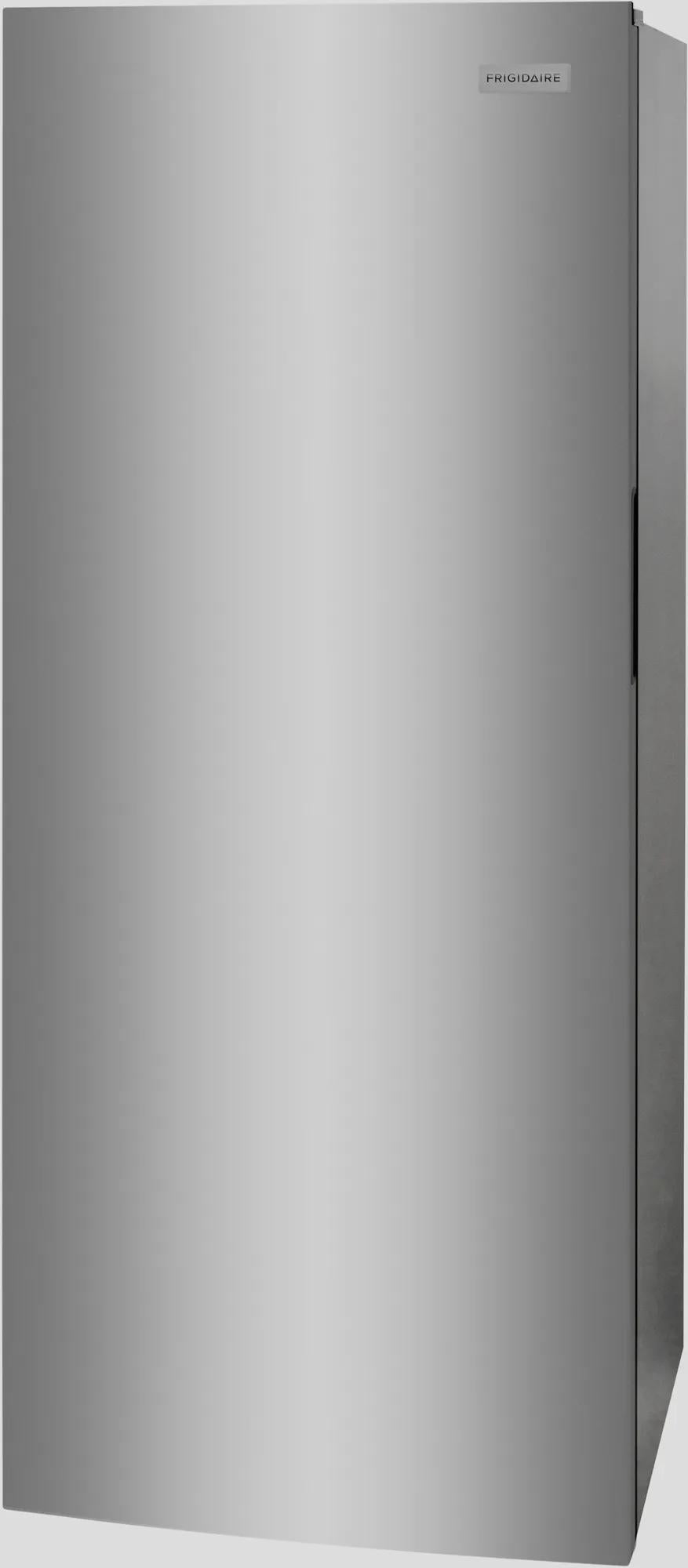 Tall silver upright freezer with a sleek front panel and subtle brand badge, designed for Freezers & Ice Makers, Upright Freezers, Kitchen & Kitchenware, and Appliances collections.