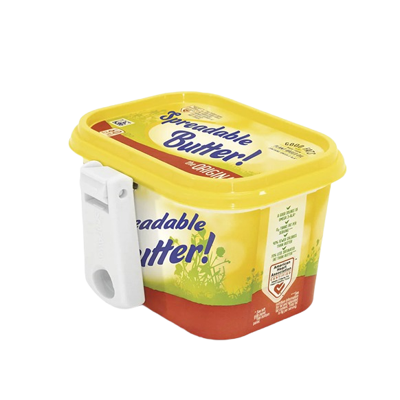 White attachable collapsible handle clipped to yellow plastic spreadable butter tub in kitchen gadgets under $50 collection
