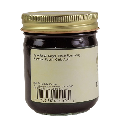 Glass jar of black raspberry jelly with ingredients label in Jams & Jellies and Under $50 collections