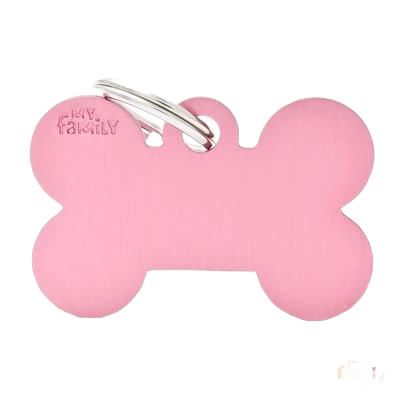 Large pink bone-shaped pet ID tag with metal key ring for attaching to collars and pet accessories