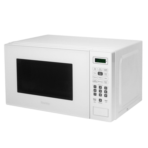 White compact 700 watt countertop microwave with digital keypad and clock, suitable for small kitchens and appliances