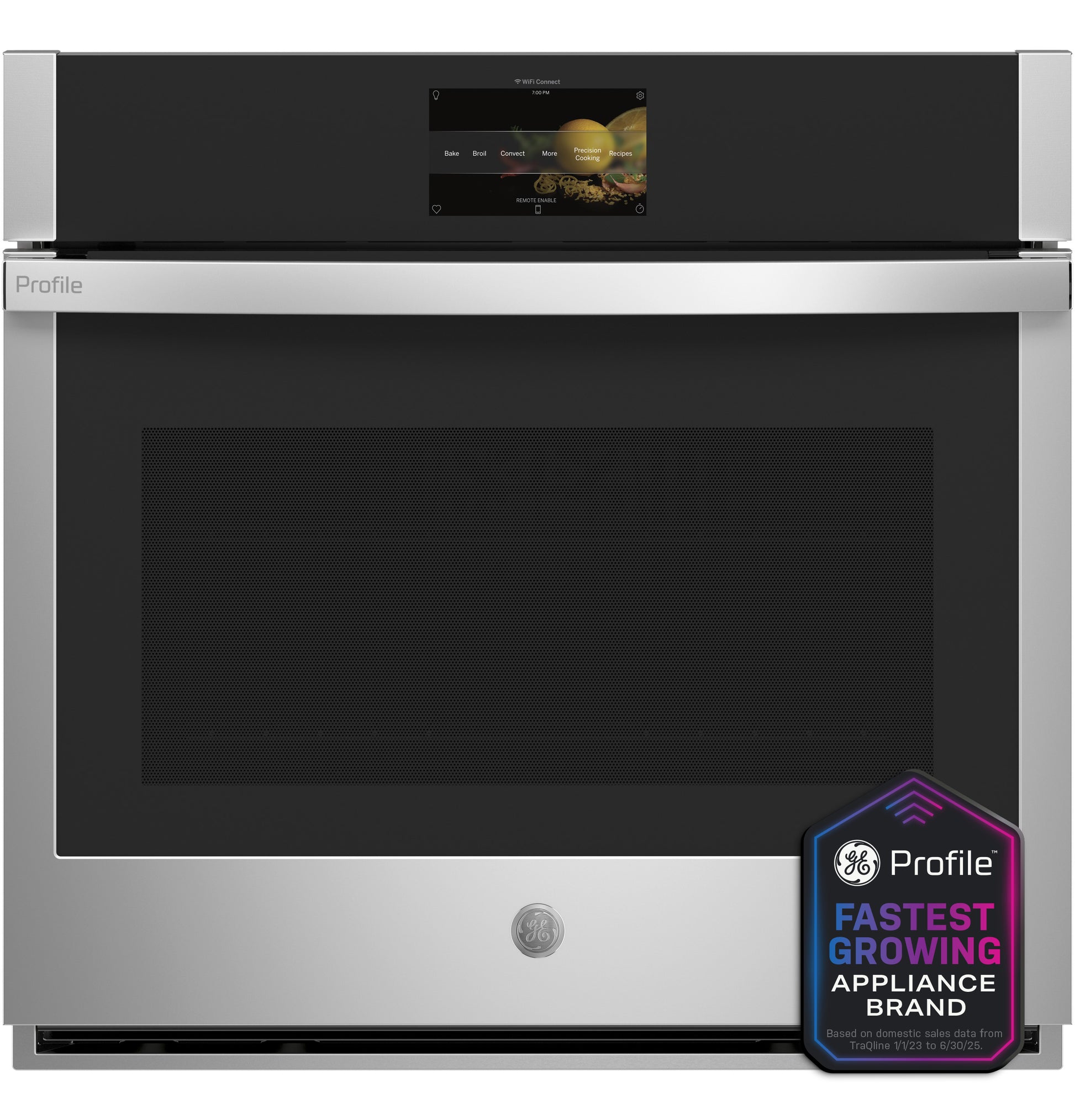 Stainless steel built-in single wall oven with touchscreen control and convection cooking in Wall Ovens collection
