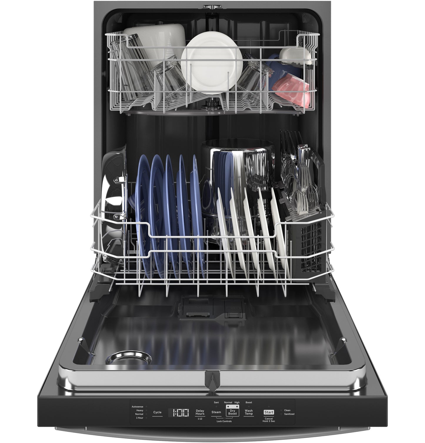 Open top control built-in dishwasher with hybrid tub and organized racks holding plates and utensils from dishwashers collection